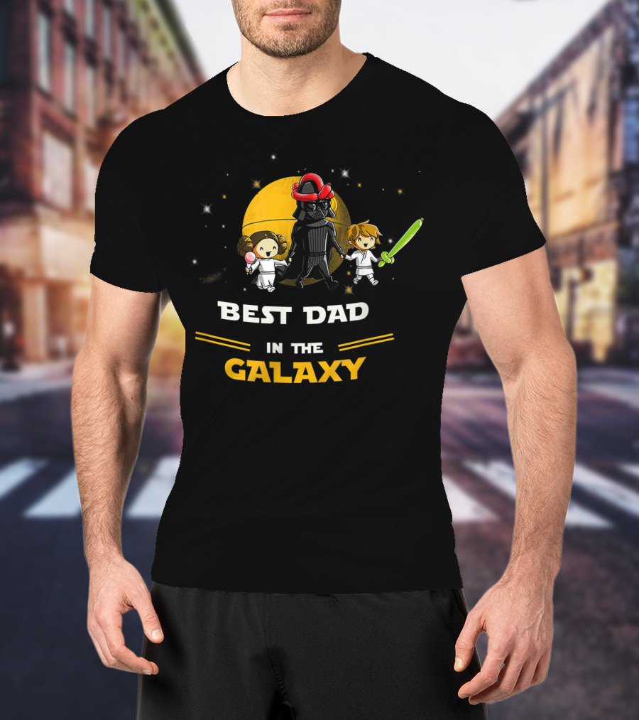 Father Daughter And Son Best Dad In The Galaxy Star Wars Parody With Dark Helmet And Green Lightsaber T-Shirt