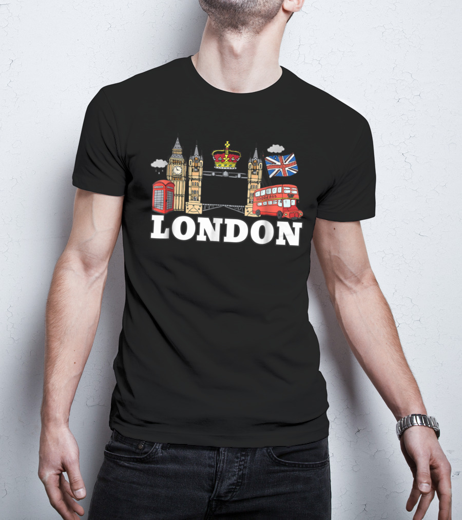Big Ben Tower Bridge Crown London Bus Phone Box Union Jack Cloud T-Shirt