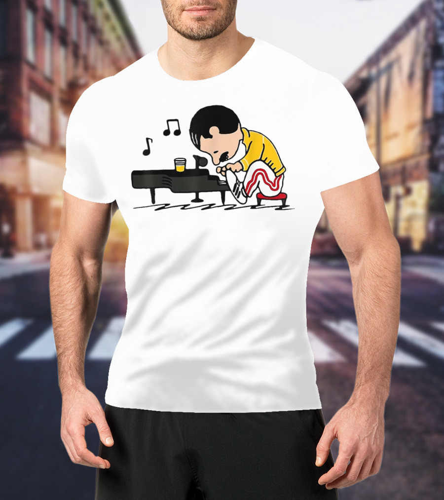 Freddie Peanuts Character Playing Piano With Yellow Jacket And Red Striped Pants T-Shirt