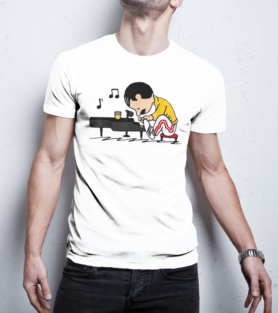 Freddie Peanuts Character Playing Piano With Yellow Jacket And Red Striped Pants T-Shirt