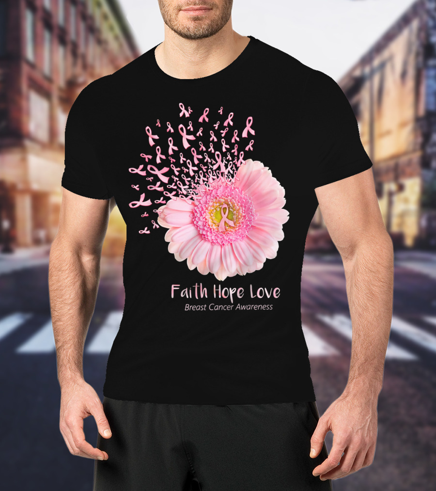 Faith Hope Love Breast Cancer Awareness Pink Ribbon Flower Explosion T-Shirt