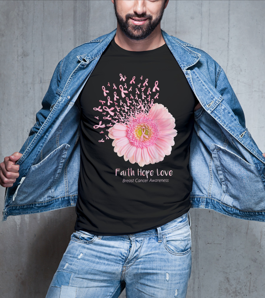 Faith Hope Love Breast Cancer Awareness Pink Ribbon Flower Explosion T-Shirt