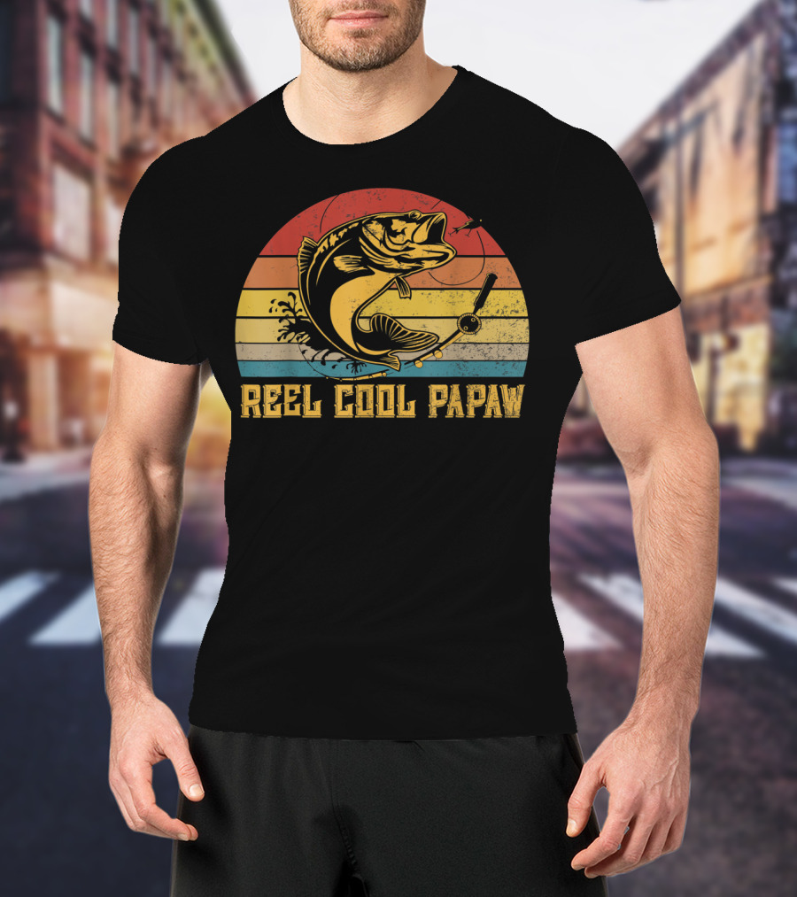 Father's Day Vintage Reel Cool Papaw Fishing Retro Stripes T-Shirt