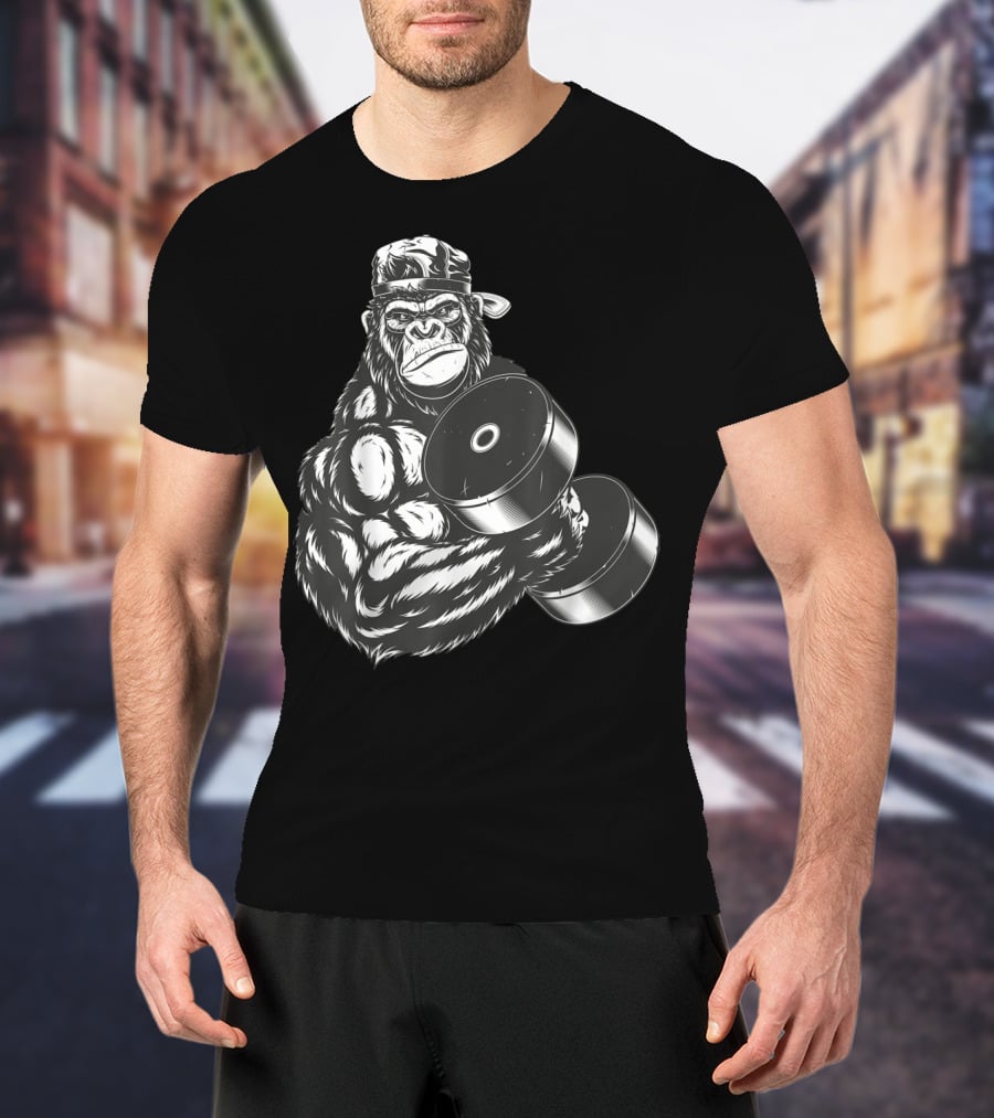 Ferocious Gorilla Bodybuilder Lifting Large Dumbbell In Cap T-Shirt