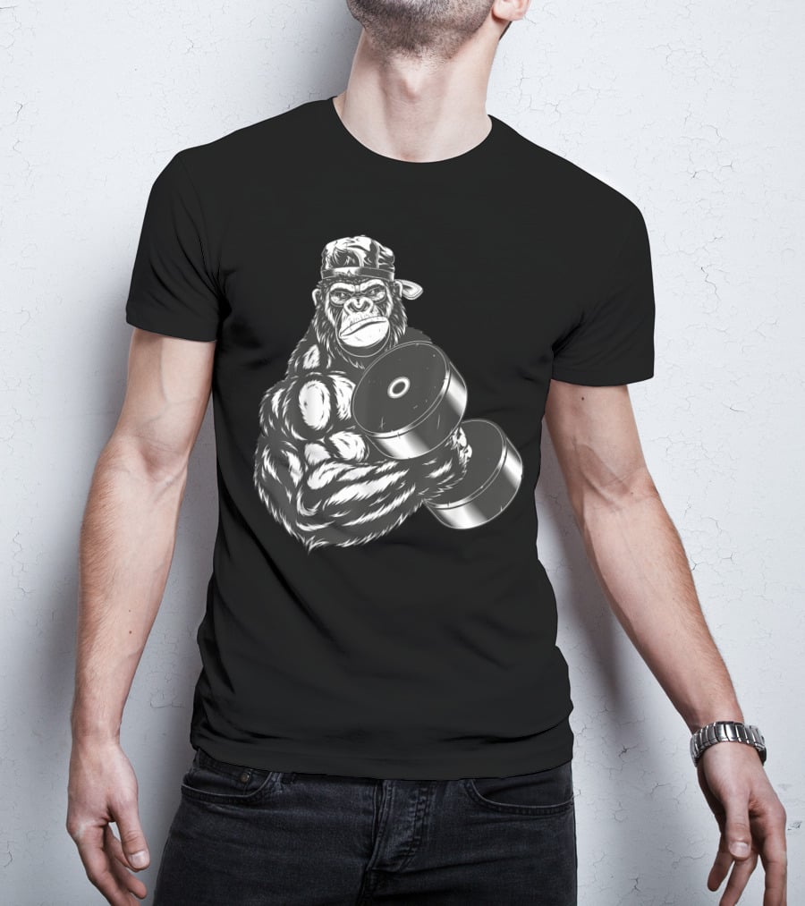 Ferocious Gorilla Bodybuilder Lifting Large Dumbbell In Cap T-Shirt