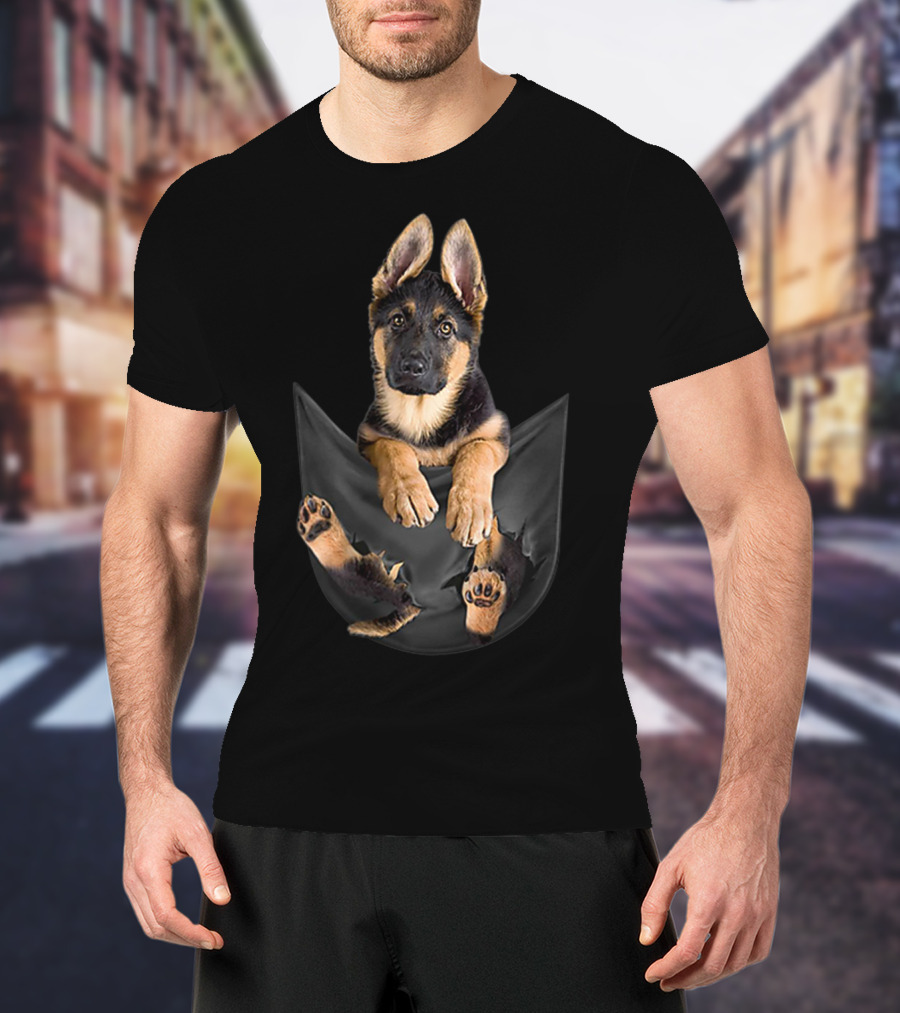 German Shepherd Puppy Paws Tearing Through Black Pocket T-Shirt