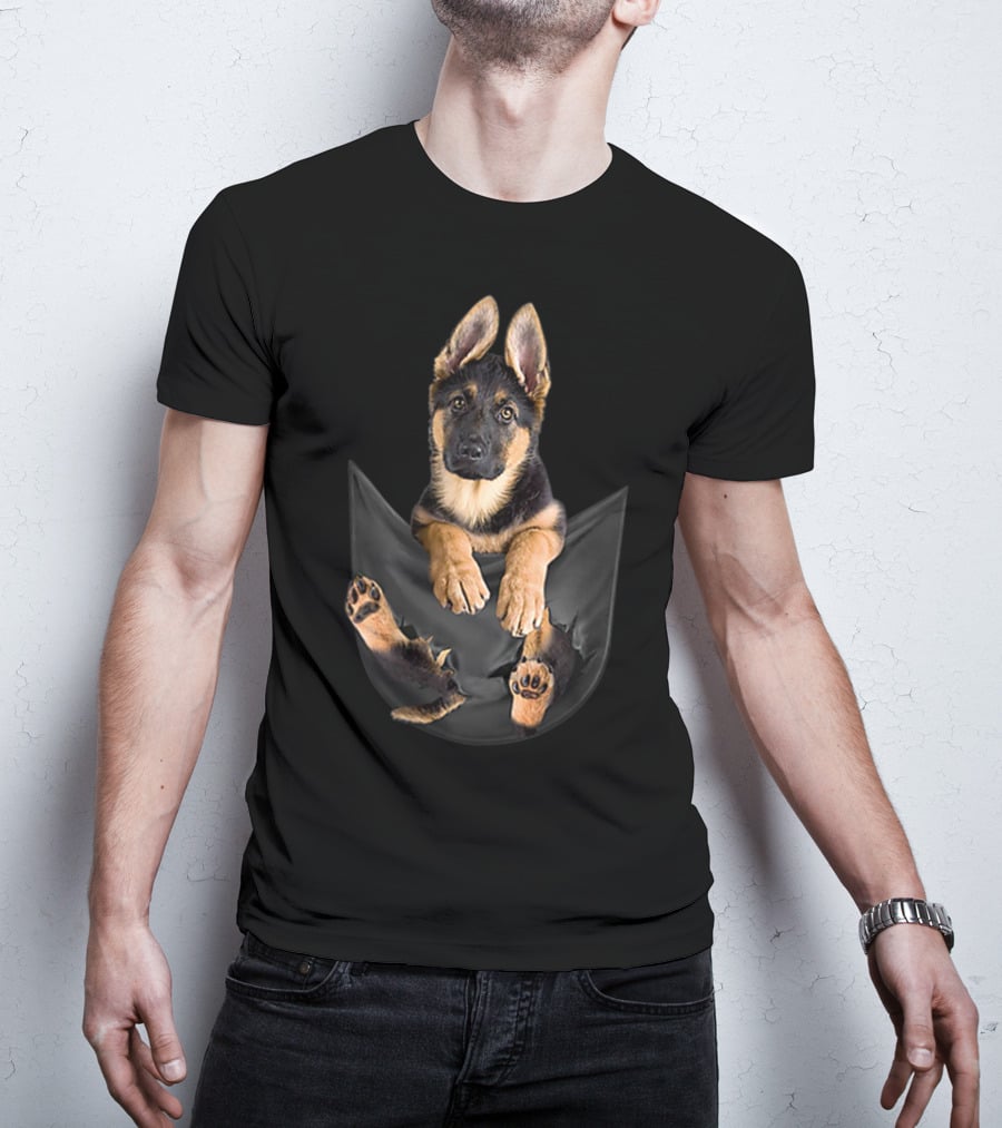 German Shepherd Puppy Paws Tearing Through Black Pocket T-Shirt