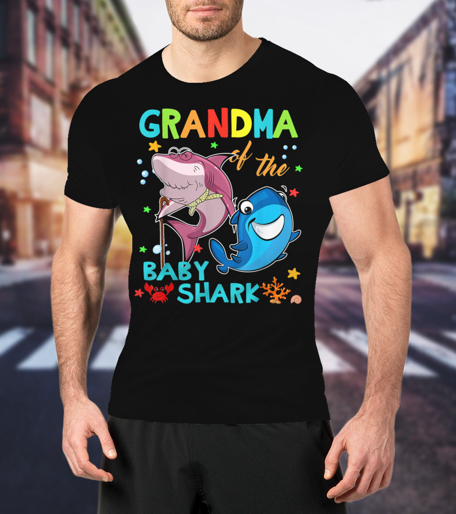 Grandma Of The Baby Shark With Colorful Cartoon Sharks And Sea Creatures T-Shirt