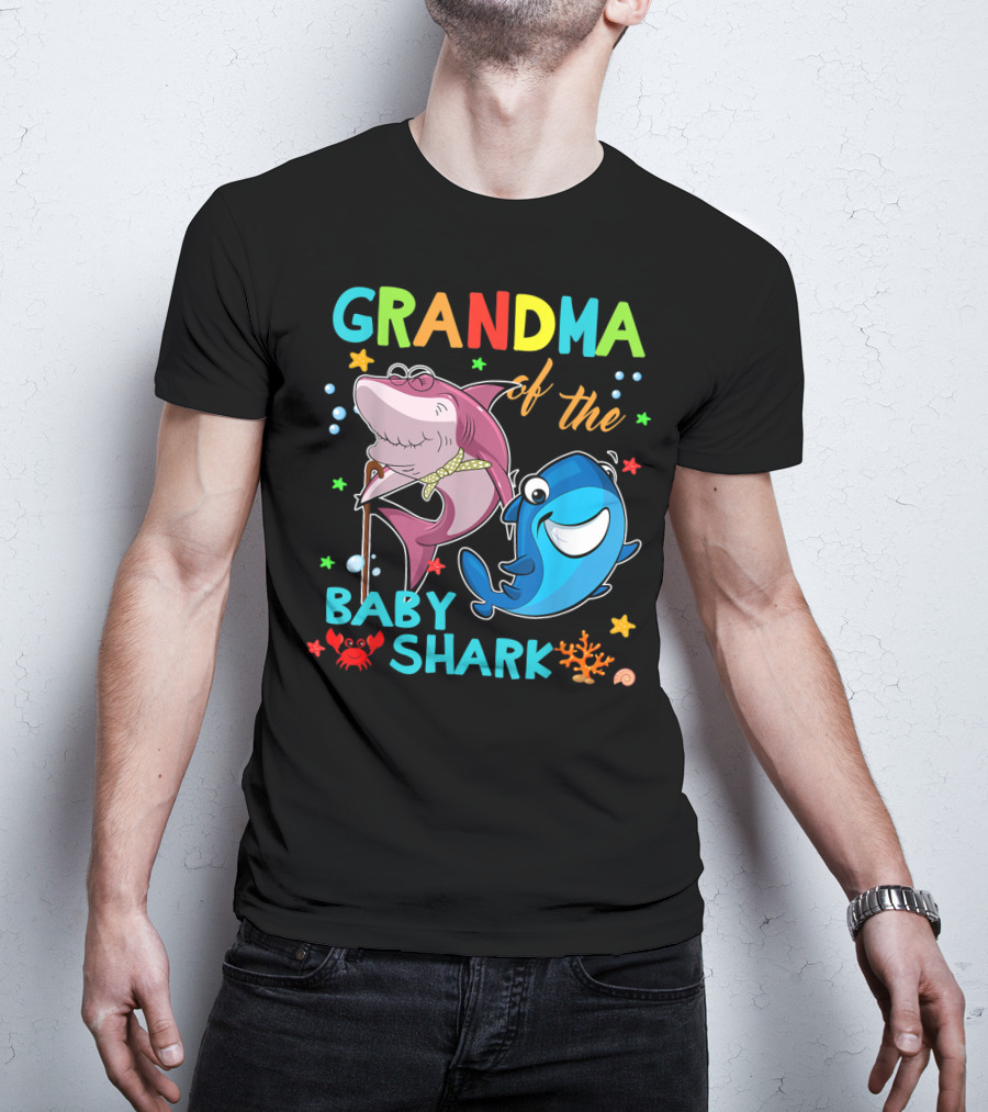 Grandma Of The Baby Shark With Colorful Cartoon Sharks And Sea Creatures T-Shirt