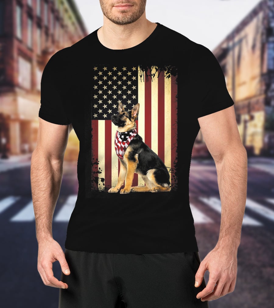 German Shepherd With American Flag Bandana In Front Of Stars And Stripes Flag T-Shirt