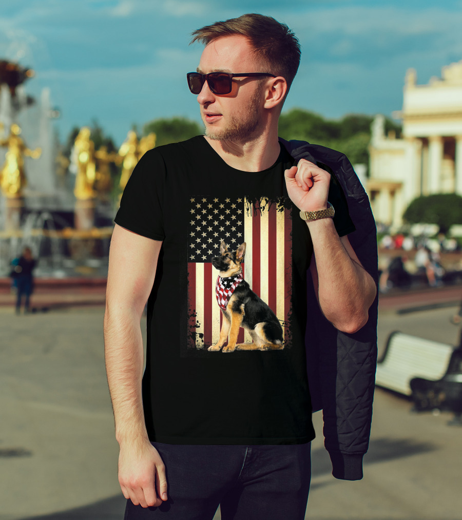 German Shepherd With American Flag Bandana In Front Of Stars And Stripes Flag T-Shirt