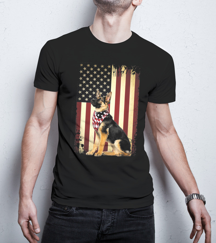 German Shepherd With American Flag Bandana In Front Of Stars And Stripes Flag T-Shirt