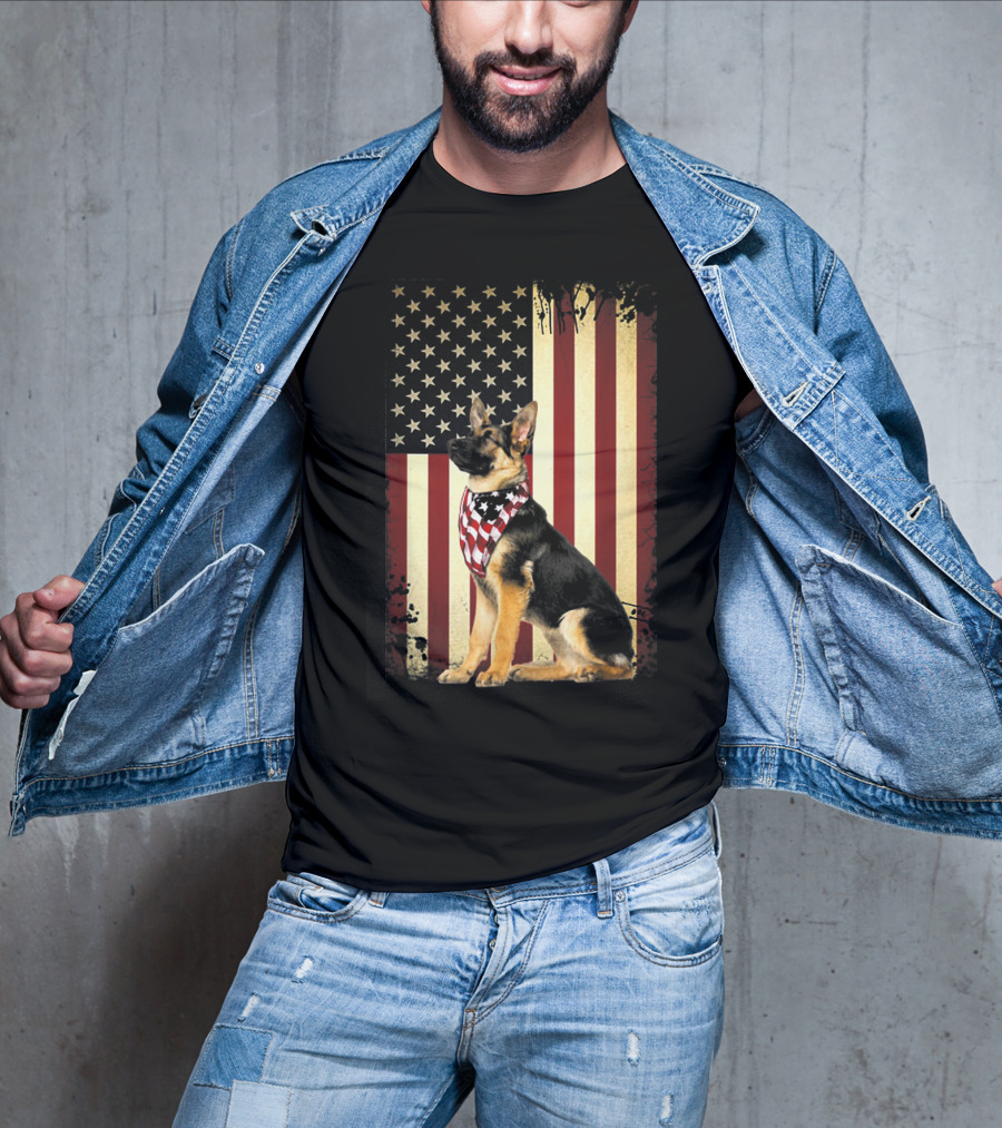 German Shepherd With American Flag Bandana In Front Of Stars And Stripes Flag T-Shirt