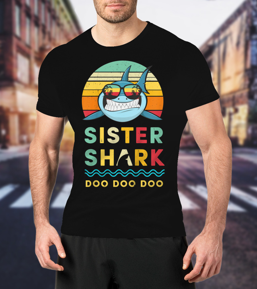 Sister Shark Doo Doo Doo Kids Toddlers Girls Retro Shark Sunglasses T-Shirt