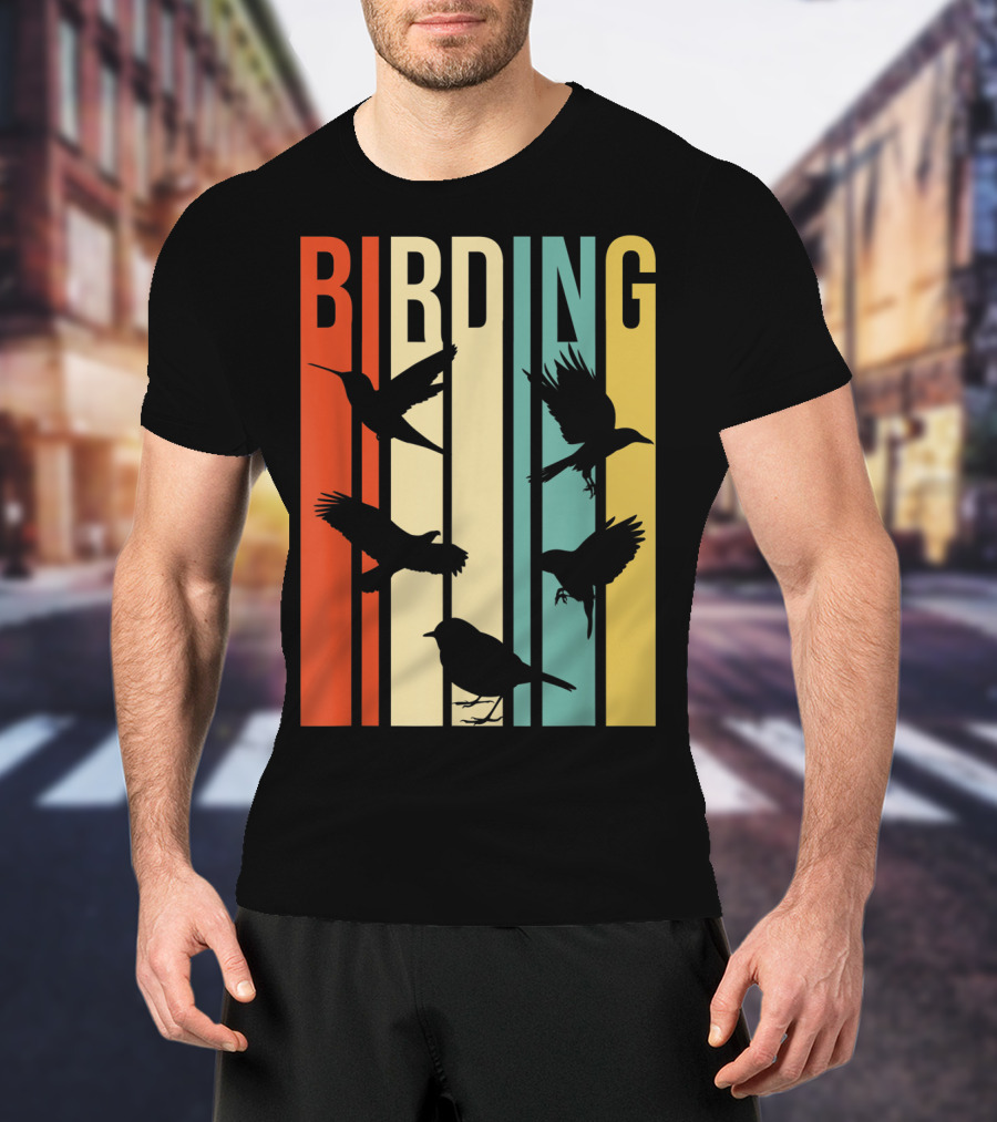 Vintage Style Birding For Birders With Silhouette Birds In Colorful Stripes T-Shirt