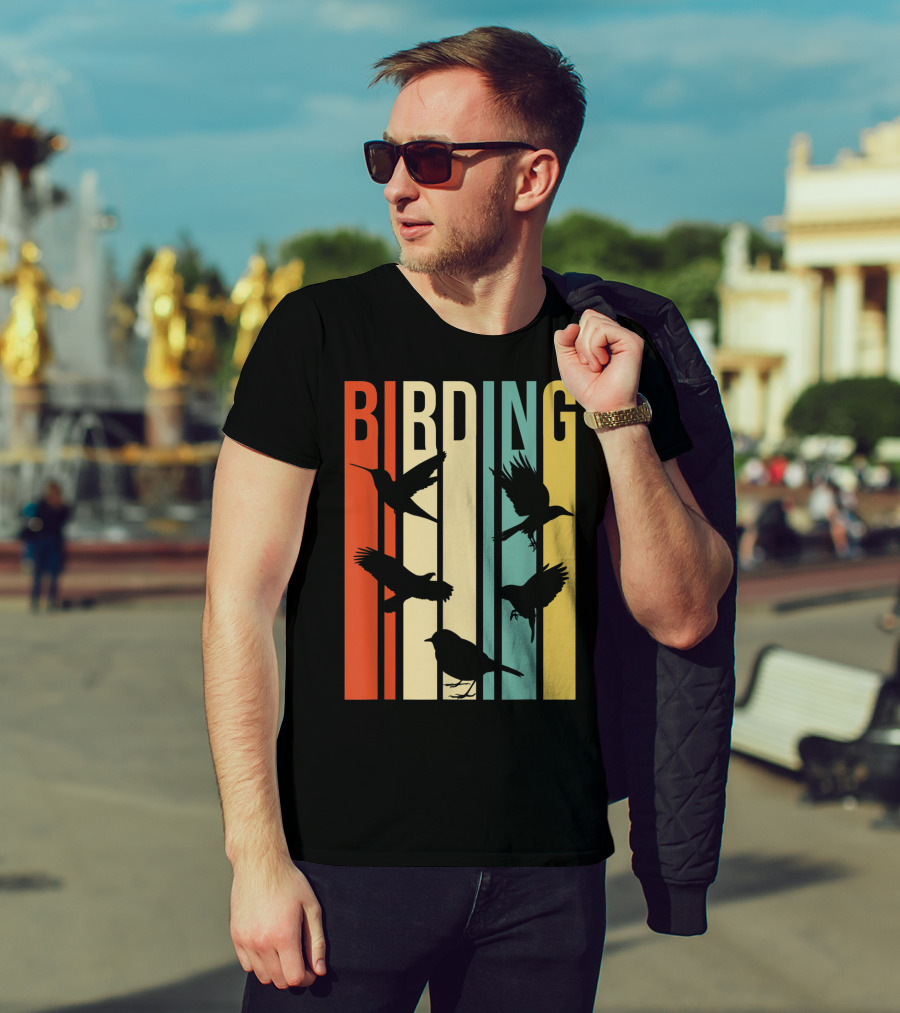 Vintage Style Birding For Birders With Silhouette Birds In Colorful Stripes T-Shirt
