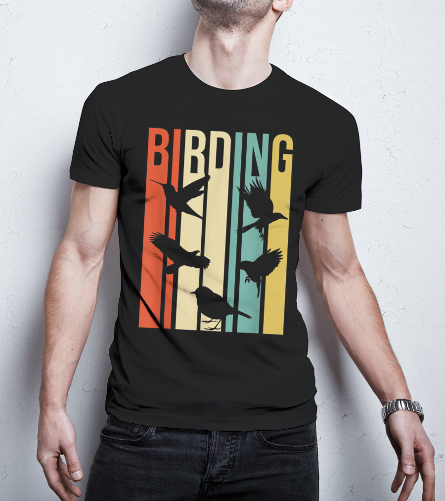 Vintage Style Birding For Birders With Silhouette Birds In Colorful Stripes T-Shirt