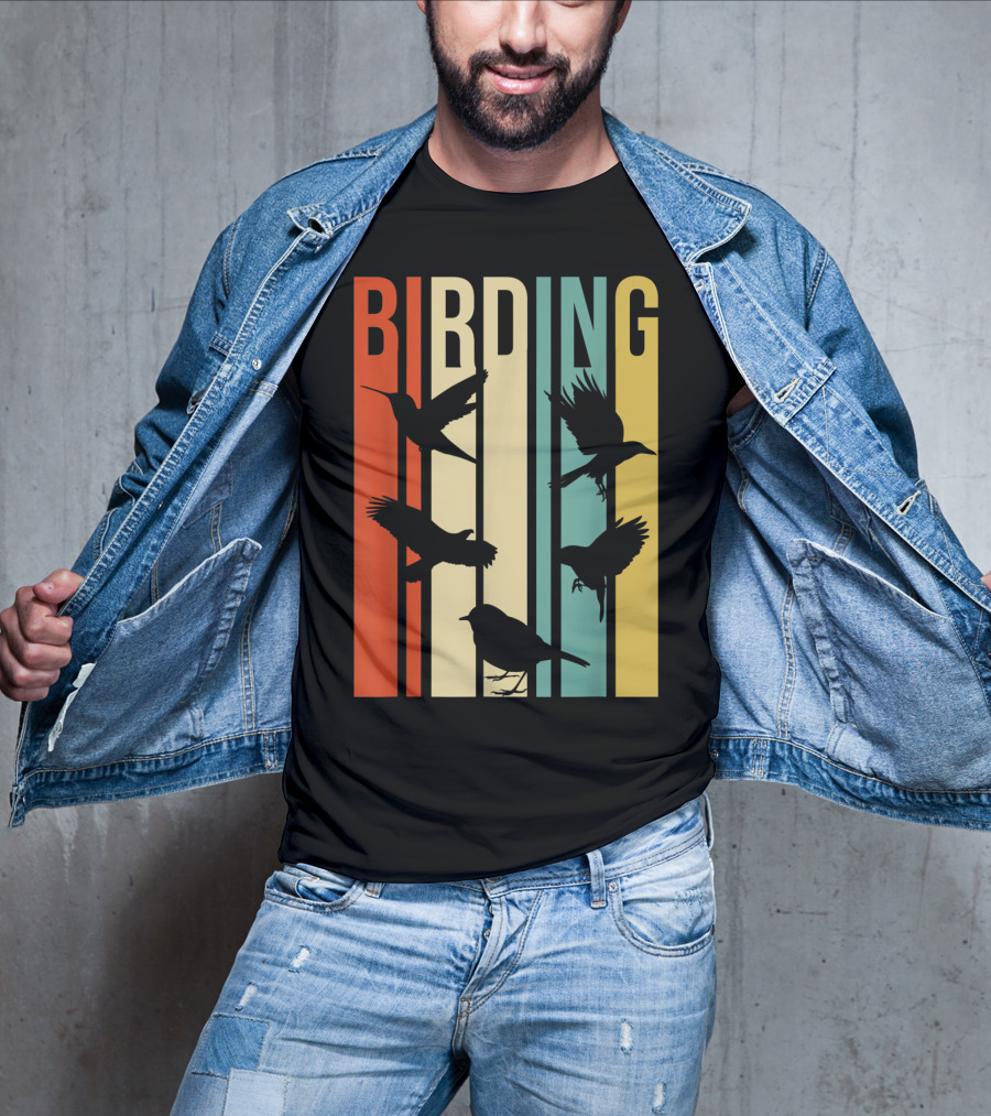 Vintage Style Birding For Birders With Silhouette Birds In Colorful Stripes T-Shirt