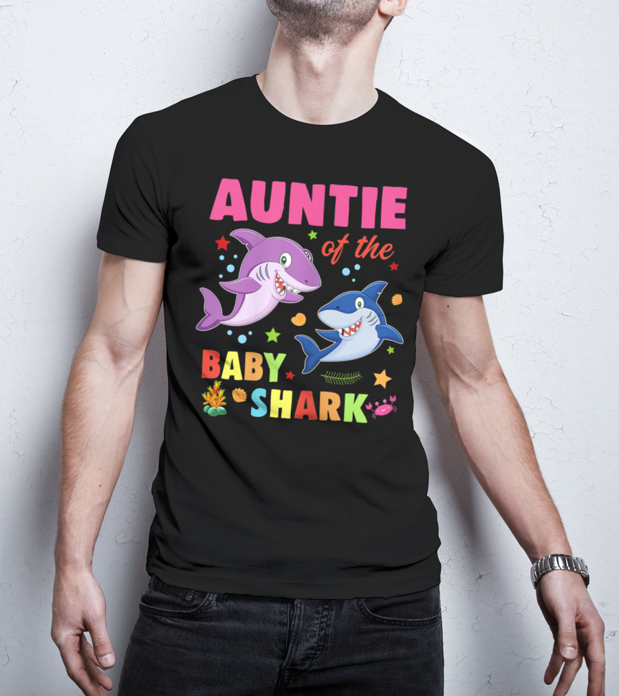 Auntie Of The Baby Shark Birthday Colorful Cartoon Sea Creatures T-Shirt