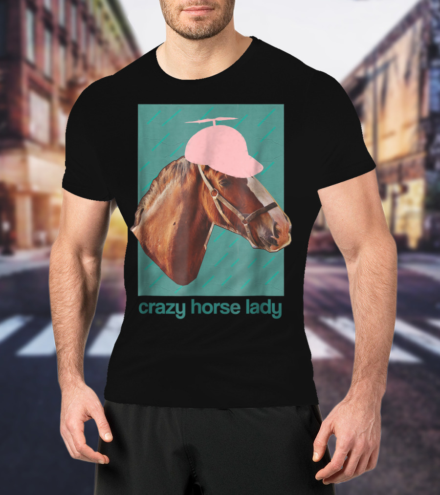 Crazy Horse Lady With Funny Pink Propeller Hat T-Shirt