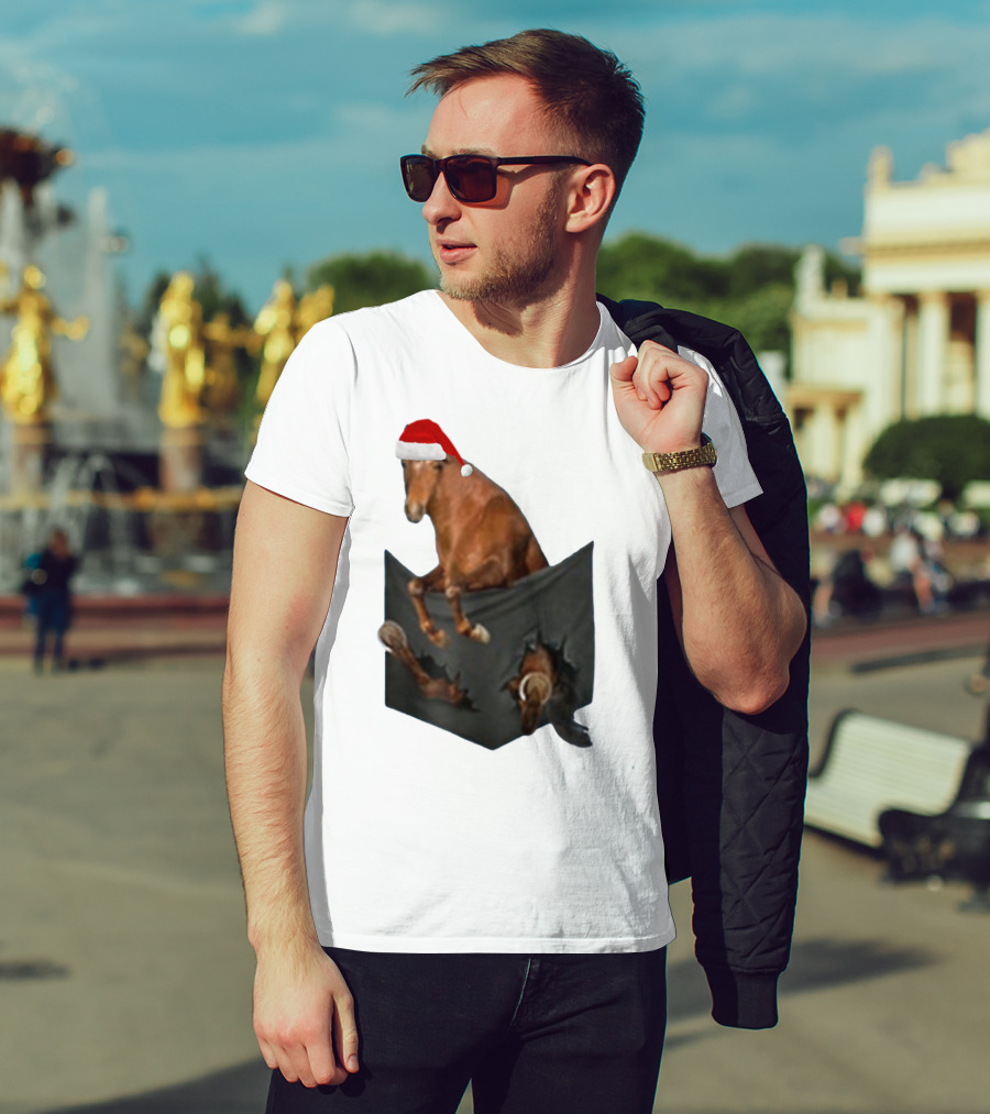 Santa Hat Criollo Horse Bursting From Pocket T-Shirt