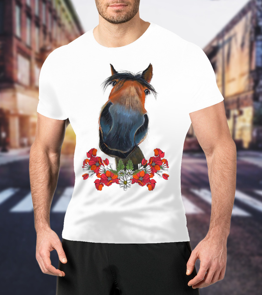 Adorable Horse With Red And White Flowers T-Shirt