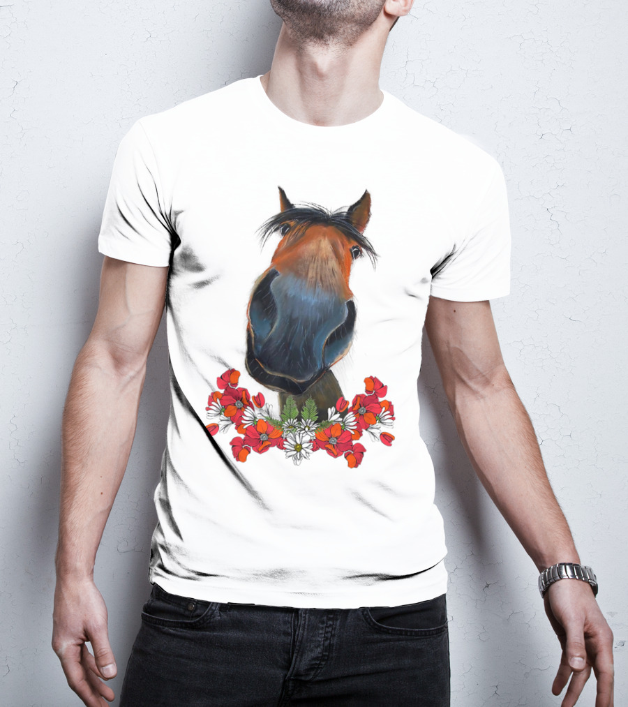 Adorable Horse With Red And White Flowers T-Shirt