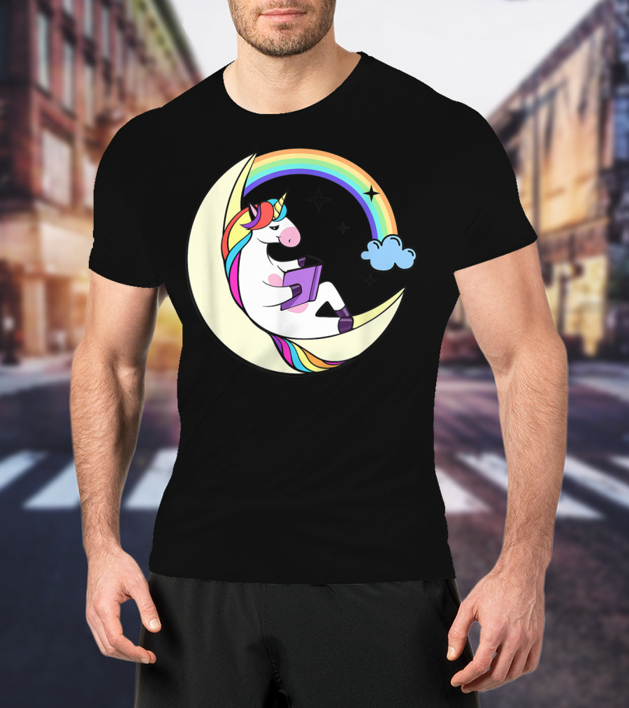 Unicorn Reading Book On Moon With Rainbow And Stars T-Shirt
