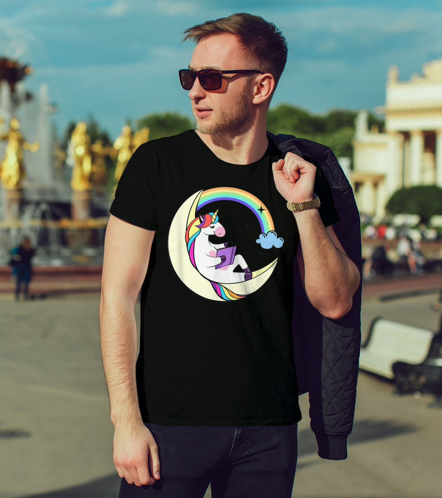 Unicorn Reading Book On Moon With Rainbow And Stars T-Shirt