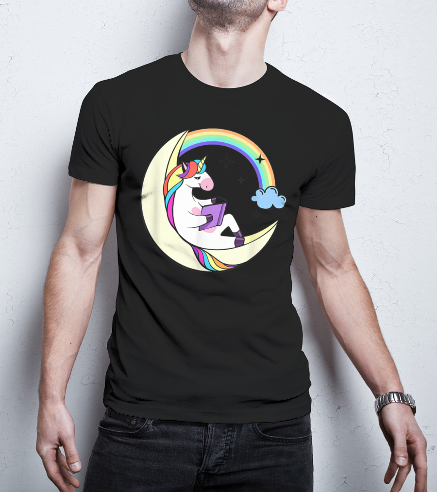 Unicorn Reading Book On Moon With Rainbow And Stars T-Shirt