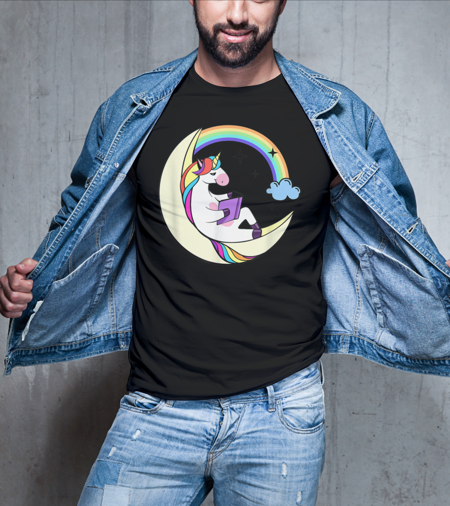 Unicorn Reading Book On Moon With Rainbow And Stars T-Shirt