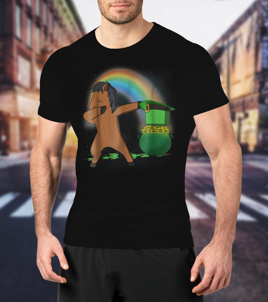 Dabbing Horse Leprechaun With Pot Of Gold And Rainbow T-Shirt