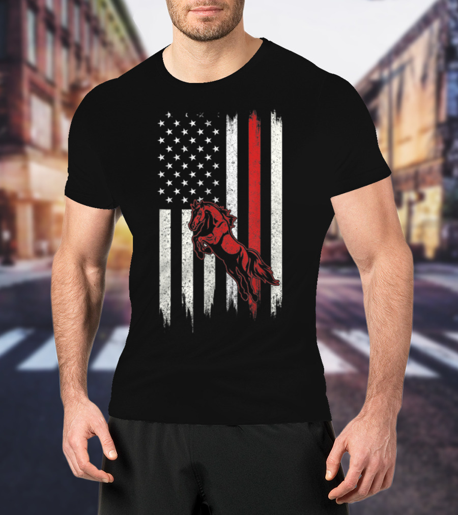 Distressed American Flag With Red Horse T-Shirt