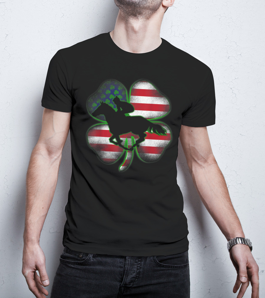 Distressed Horse Racing Shamrocks American Flag St 8W T-Shirt