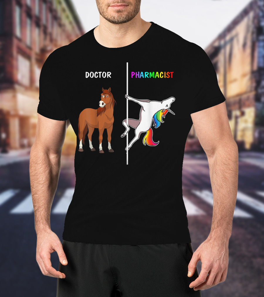 Doctor Horse Vs. Pharmacist Unicorn Rainbow Contrast T-Shirt