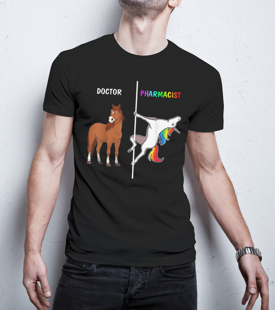 Doctor Horse Vs. Pharmacist Unicorn Rainbow Contrast T-Shirt