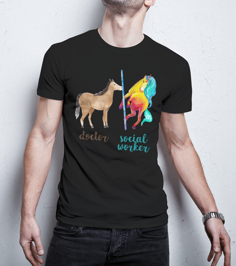 Doctor Horse And Social Worker Unicorn With Pole T-Shirt