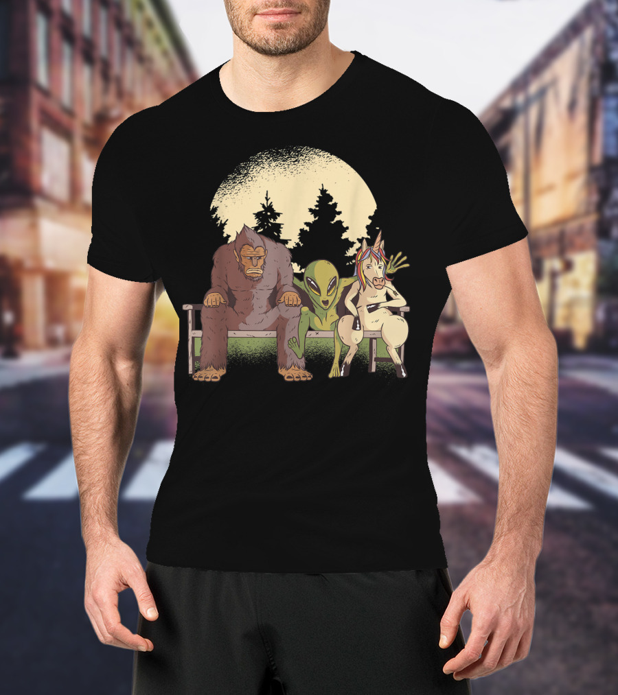 Creatures Monkey Alien Horse Forest Bench Scene T-Shirt