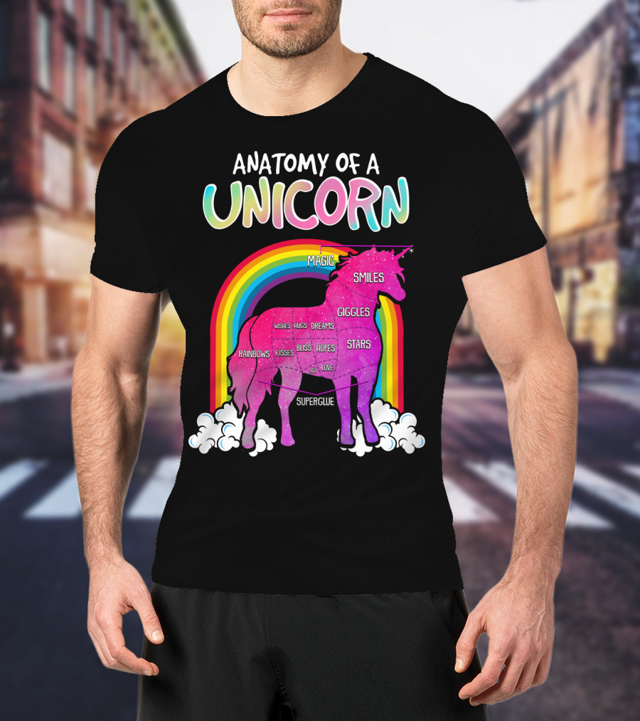 Anatomy Of A Unicorn Rainbows Magic Smiles Giggles Wishes Dreams Hopes Stars Superglue T-Shirt