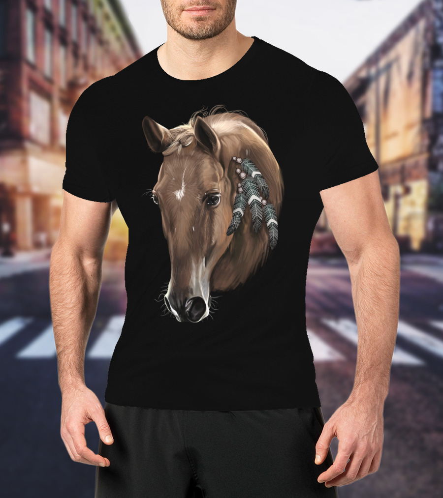 Cute Brown Tribal Horse With Feather Adornments T-Shirt