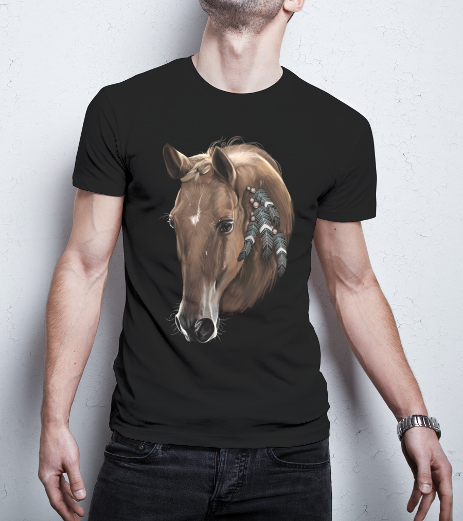 Cute Brown Tribal Horse With Feather Adornments T-Shirt