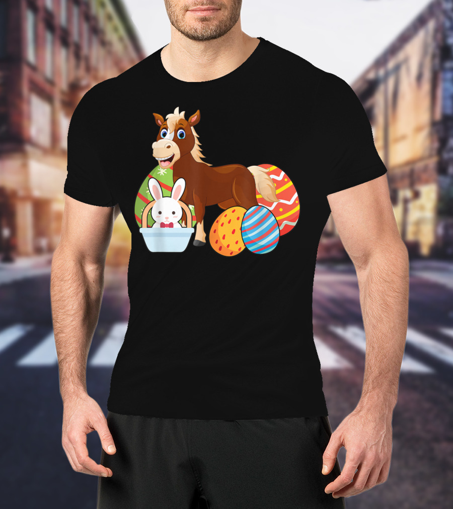 Funny Easter Horse Bunny With Colorful Eggs Happy Easter T-Shirt