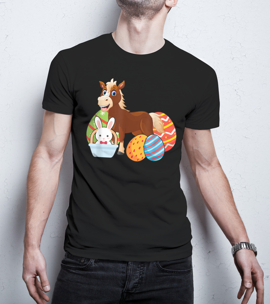 Funny Easter Horse Bunny With Colorful Eggs Happy Easter T-Shirt