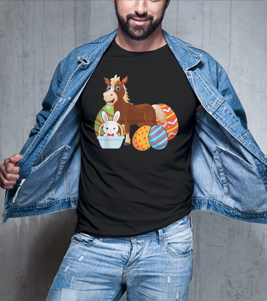 Funny Easter Horse Bunny With Colorful Eggs Happy Easter T-Shirt