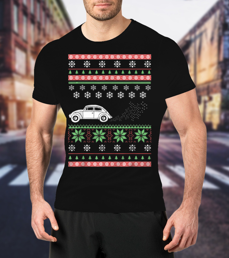 Classic Car Ugly Christmas Sweater Style Snowflakes And Trees T-Shirt