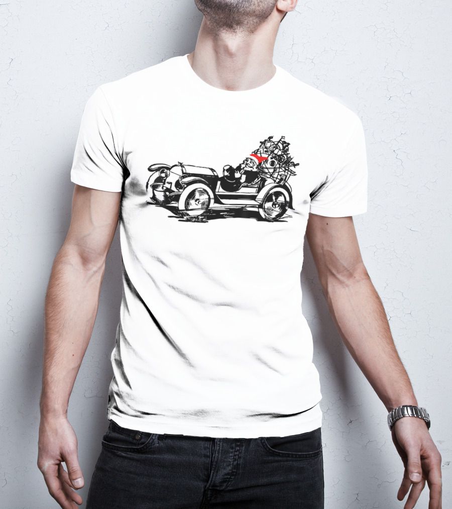 Santa Driving Vintage Car With Christmas Tree Load T-Shirt