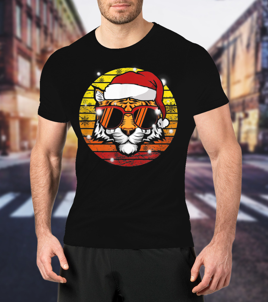 Christmas Tiger Wearing Vintage Santa Hat With Retro Sunglasses T-Shirt