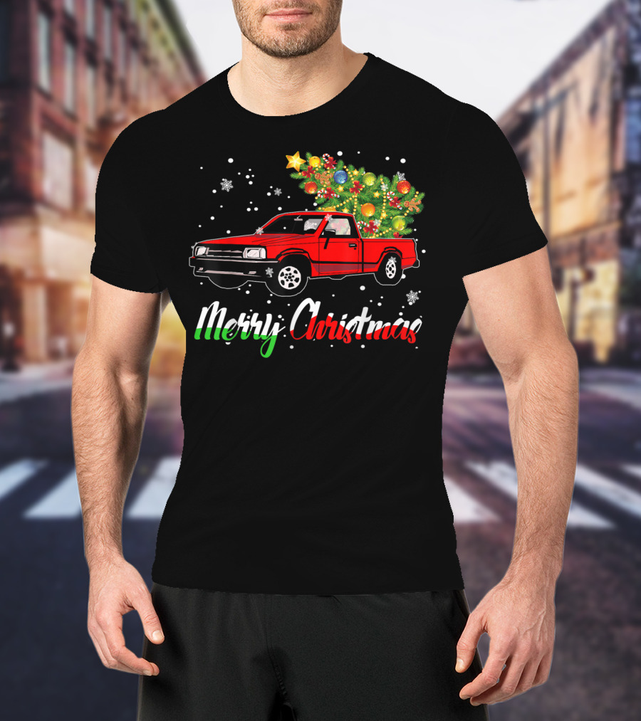 Merry Christmas Classic Old Red Truck With Christmas Tree And Snowflakes T-Shirt
