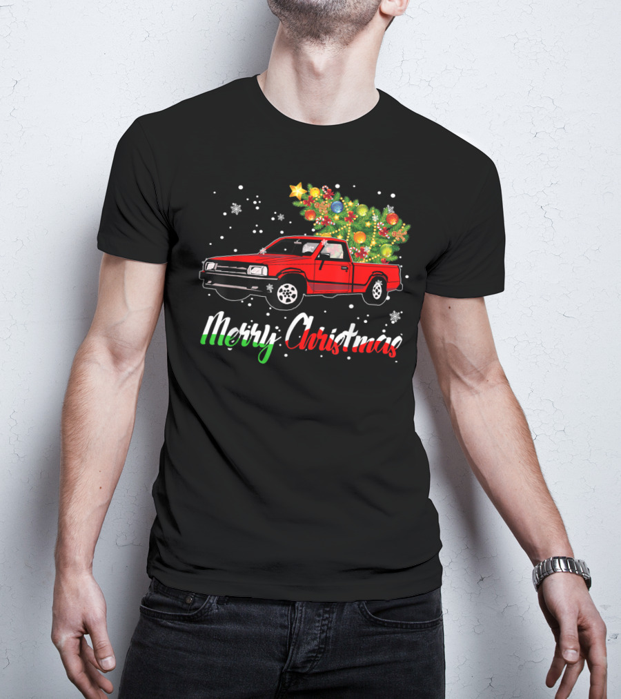Merry Christmas Classic Old Red Truck With Christmas Tree And Snowflakes T-Shirt