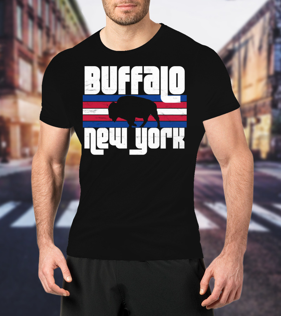 Buffalo New York Bison Silhouette Retro Stripes T-Shirt